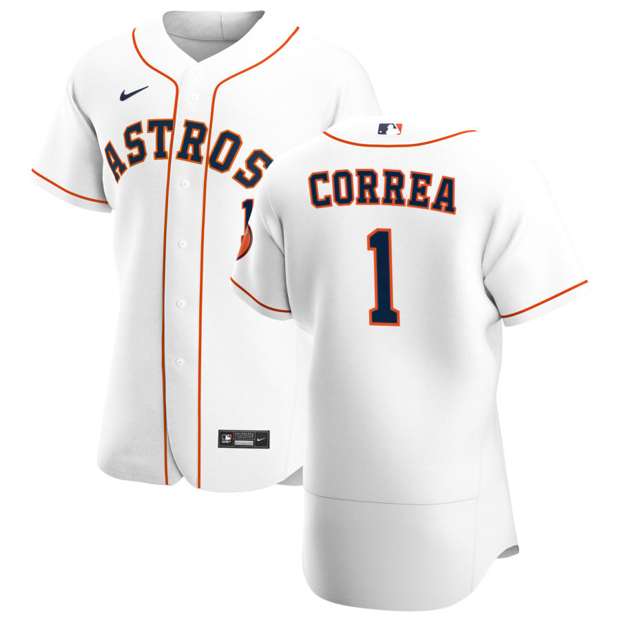 Men Houston Astros 1 Carlos Correa Men Nike White Home 2020 Flex Base Player MLB Jersey