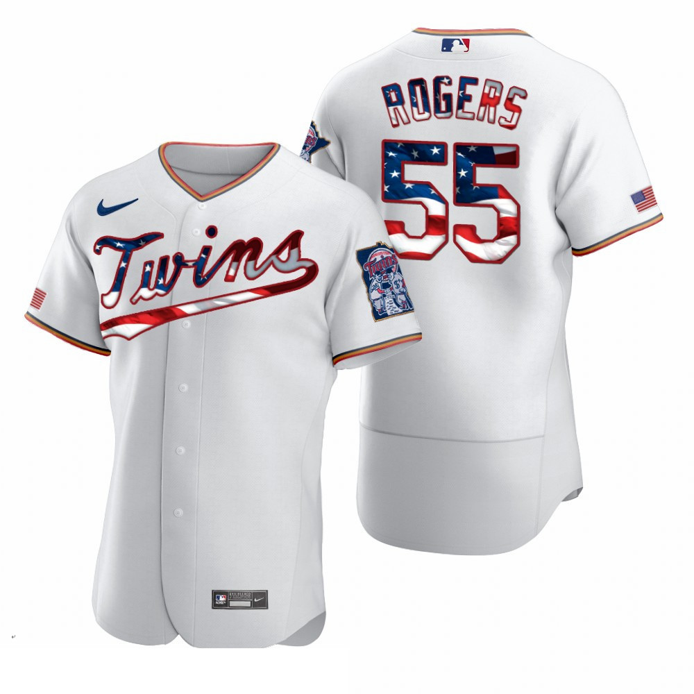 Men Minnesota Twins 55 Taylor Rogers Men Nike White Fluttering USA Flag Limited Edition Flex Base ML