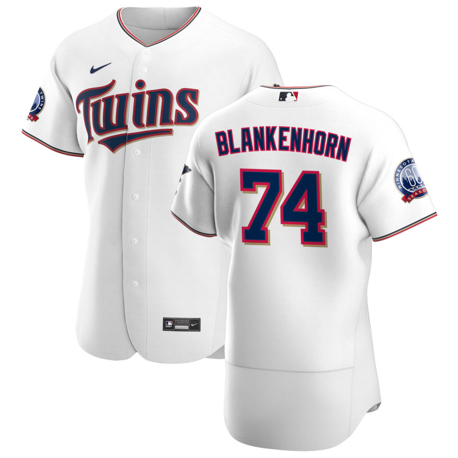 Men Minnesota Twins 74 Travis Blankenhorn Men Nike White Home 2020 60th Season Flex Base Team MLB Je