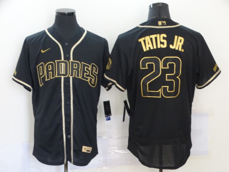 Men San Diego Padres 23 Fernando Tatis Jr  Black Gold Nike Flexbase Jersey