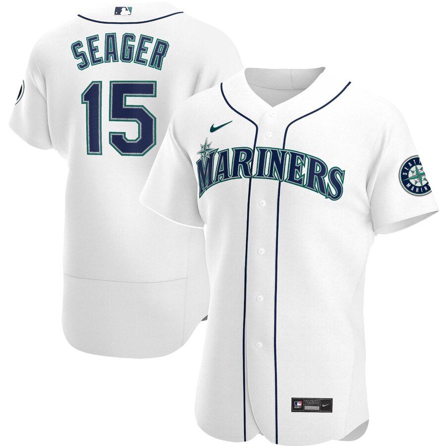 Men Seattle Mariners 15 Kyle Seager Men Nike White Home 2020 Fle