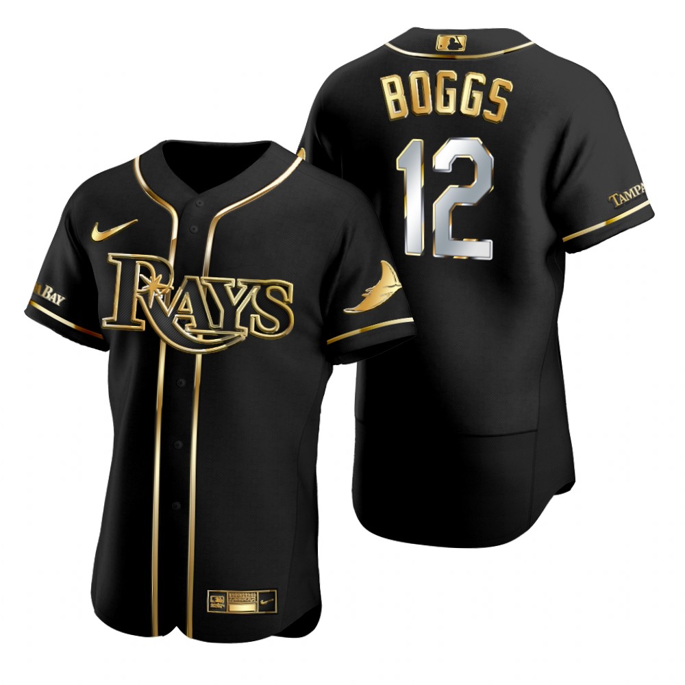 Men Tampa Bay Rays 12 Wade Boggs Black Gold 2020 Nike Flexbase J