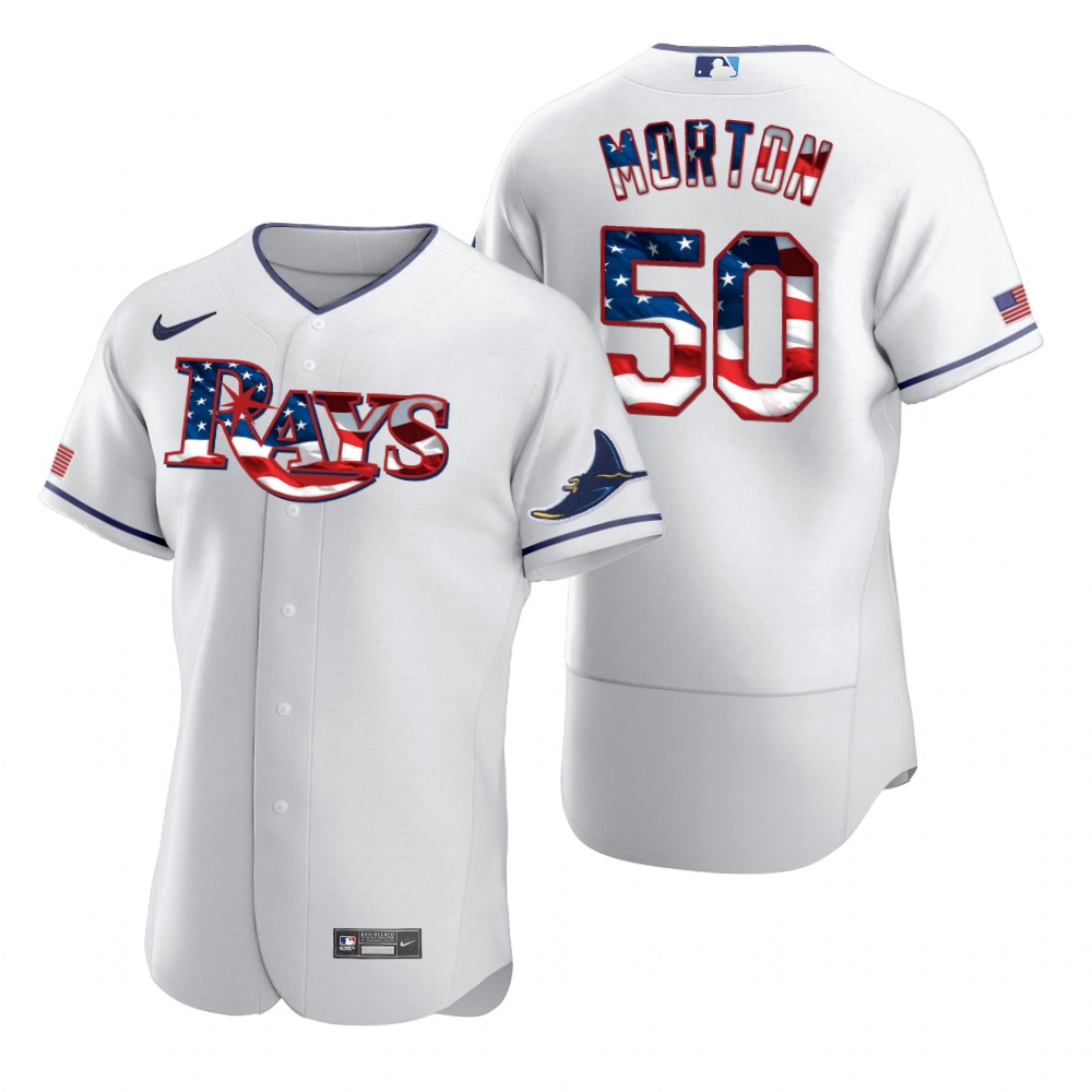 Men Tampa Bay Rays 50 Charlie Morton Men Nike White Fluttering USA Flag Limited Edition Flex Base ML