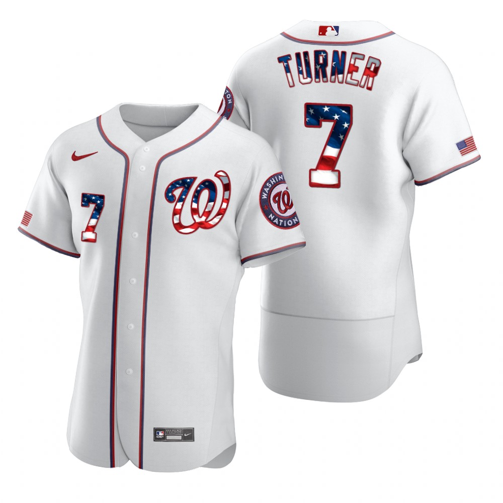 Men Washington Nationals 7 Trea Turner Men Nike White Fluttering USA Flag Limited Edition Flex Base 