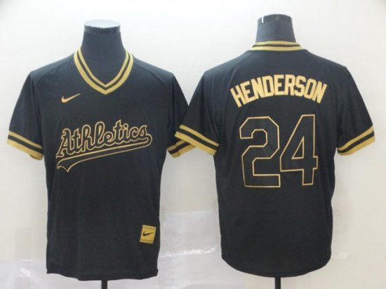 Men Oakland Athletics Rickey Henderson Black Gold Cooperstown Collection Legend V Neck Jersey