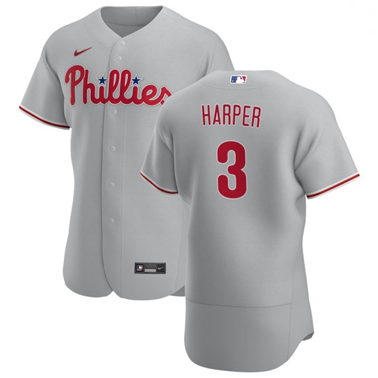 Philadelphia Phillies 3 Bryce Harper Men Nike Gray Road 2020 Aut