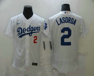 Men Los Angeles Dodgers 2 Tommy Lasorda White Stitched MLB Flex Base Nike Jersey