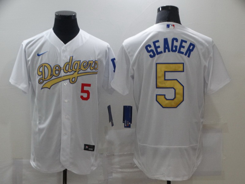 Men Los Angeles Dodgers 5 Corey Seager 2020 White Gold Sttiched Nike MLB Jersey