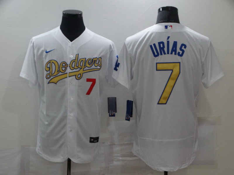 Men Los Angeles Dodgers 7 Julio Urias 2020 White Gold Sttiched Nike MLB Jersey