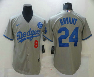 Men Los Angeles Dodgers 8 24 Kobe Bryant Grey KB Patch Stitched MLB Cool Base Nike Jersey