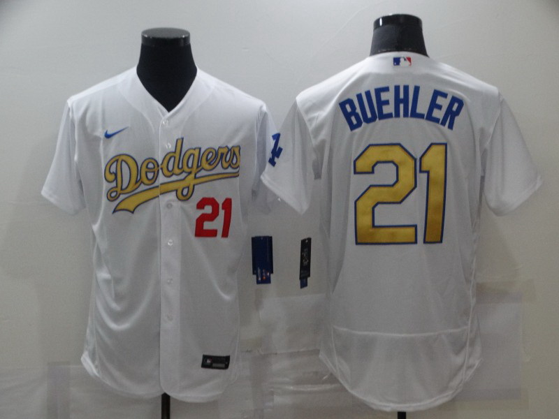 Men Los Angeles Dodgers 21 Walker Buehler 2020 White Gold Sttich