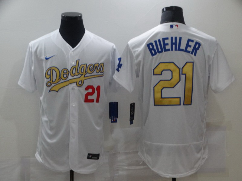 Men Los Angeles Dodgers 21 Walker Buehler 2020 White Gold Sttiched Nike MLB Jersey