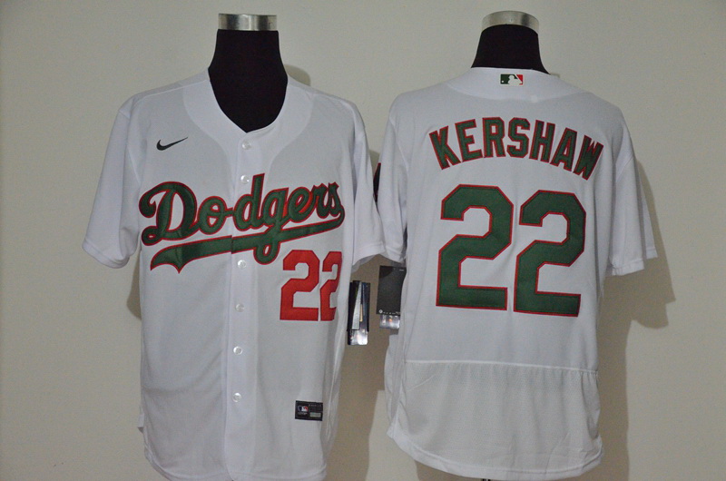 Men Los Angeles Dodgers 22 Clayton Kershaw White With Green Name Stitched MLB Flex Base Nike Jersey