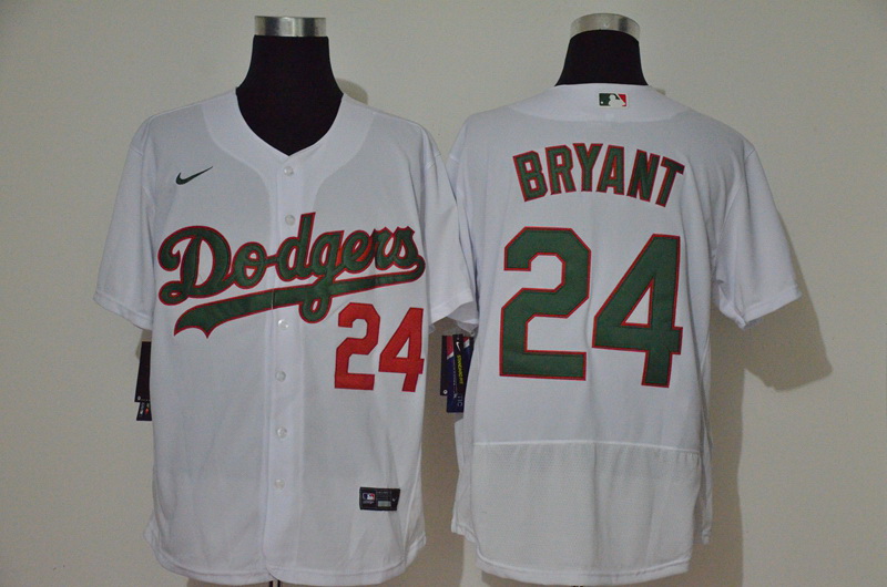 Men Los Angeles Dodgers 24 Kobe Bryant White With Green Name Stitched MLB Flex Base Nike Jersey