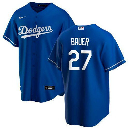 Men Los Angeles Dodgers 27 Trevor Bauer Royal Nike Cool Base Jer