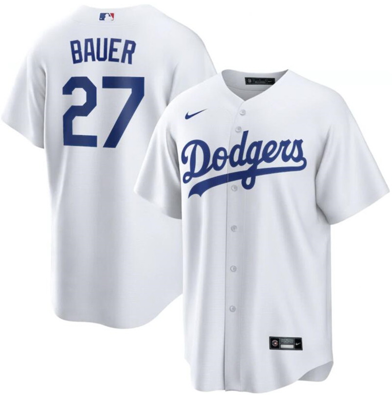 Men Los Angeles Dodgers 27 Trevor Bauer White Nike Cool Base Jersey