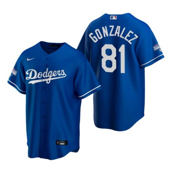 Men Los Angeles Dodgers 81 Victor Gonzalez Royal 2020 World Series Champions Home Patch Cool Base St