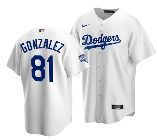 Men Los Angeles Dodgers 81 Victor Gonzalez White 2020 World Series Champions Home Patch Cool Base St