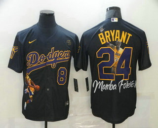 Men Los Angeles Dodgers Front 8 Back 24 Kobe Bryant Black With KB Patch Cool Base Stitched MLB Fashi