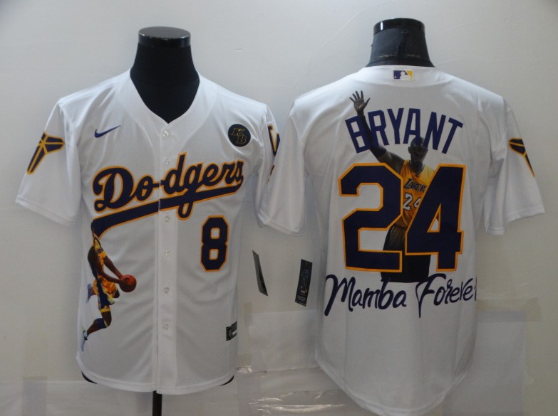 Men Los Angeles Dodgers Front 8 Back 24 Kobe Bryant White With KB Patch Cool Base Stitched Jersey