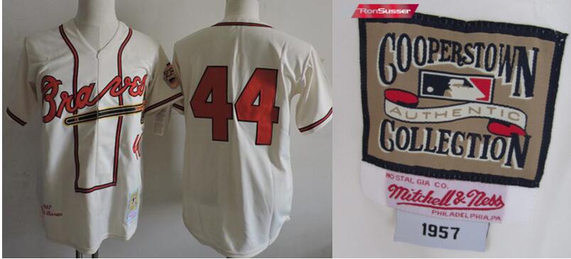 Men Milwaukee Braves 1957 Hank Aaron World Series Jersey