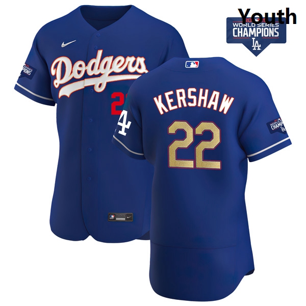 Youth Los Angeles Dodgers Clayton Kershaw 22 Gold Program Designed Edition Blue Flex Base Stitched J