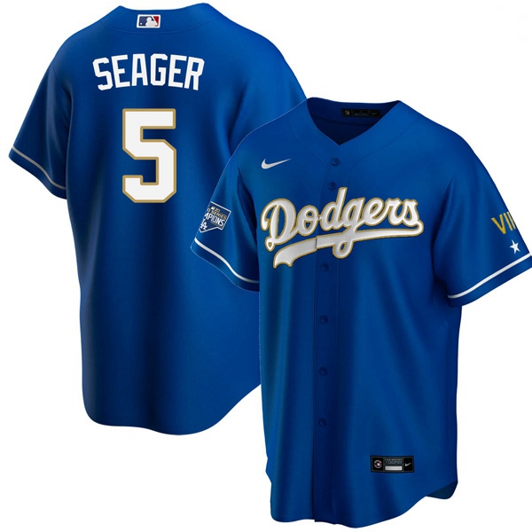 Youth Los Angeles Dodgers Corey Seager 5 Championship Gold Trim Blue Limited All Stitched Cool Base 