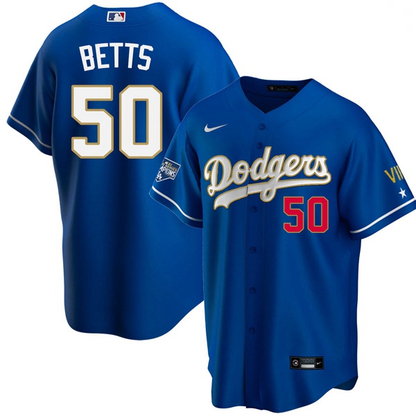 Youth Los Angeles Dodgers Mookie Betts 50 Championship Gold Trim Blue Limited All Stitched Flex Base