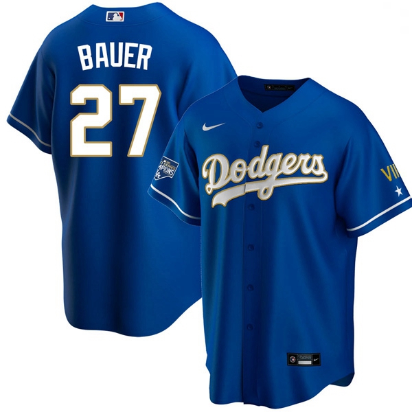 Youth Los Angeles Dodgers Trevor Bauer 27 Championship Gold Trim Blue Limited All Stitched Cool Base