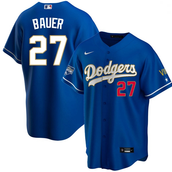 Youth Los Angeles Dodgers Trevor Bauer 27 Championship Gold Trim Blue Limited All Stitched Flex Base