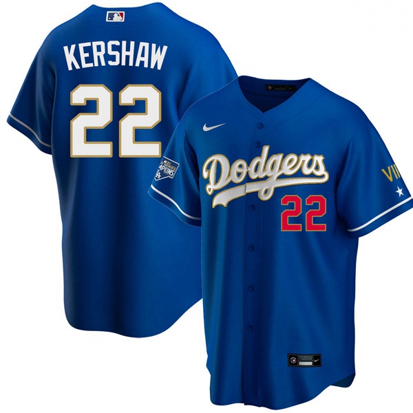 Women Los Angeles Dodgers Clayton Kershaw 22 Championship Gold Trim Blue Limited All Stitched Flex B