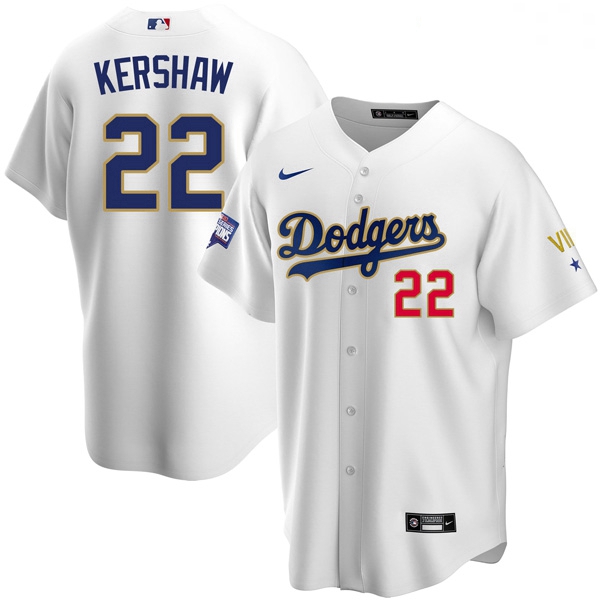 Women Los Angeles Dodgers Clayton Kershaw 22 Championship Gold Trim White Limited All Stitched Flex 