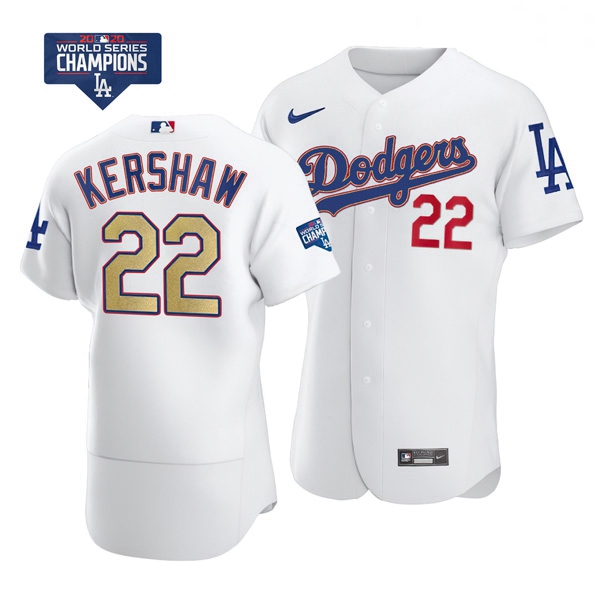 Women Los Angeles Dodgers Clayton Kershaw 22 Gold Program Designed Edition White Flex Base Stitched 