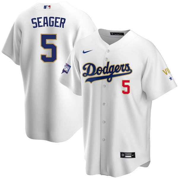 Women Los Angeles Dodgers Corey Seager 5 Championship Gold Trim White Limited All Stitched Flex Base