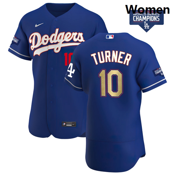 Women Los Angeles Dodgers Justin Turner 10 Gold Program Designed Edition Blue Flex Base Stitched Jer