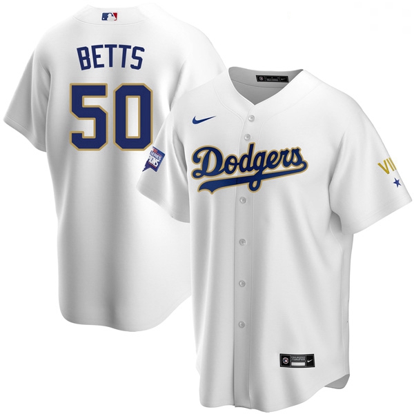 Women Los Angeles Dodgers Mookie Betts 50 Championship Gold Trim White Limited All Stitched Cool Bas