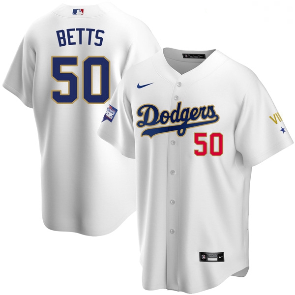 Women Los Angeles Dodgers Mookie Betts 50 Championship Gold Trim White Limited All Stitched Flex Bas