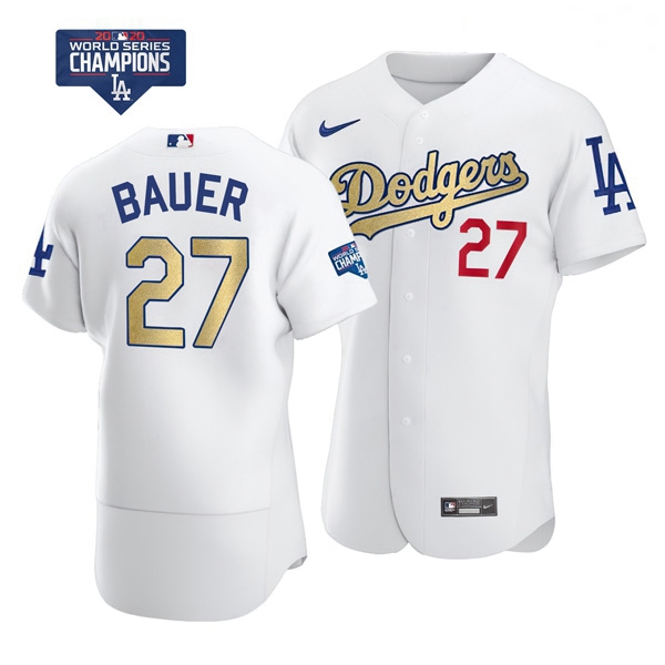 Women Los Angeles Dodgers Trevor Bauer 27 Gold Program White Fle