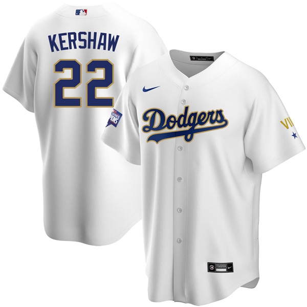 Men Los Angeles Dodgers Clayton Kershaw 22 Championship Gold Trim White Limited All Stitched Cool Ba