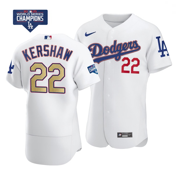 Men Los Angeles Dodgers Clayton Kershaw 22 Gold Program Designed Edition White Flex Base Stitched Je