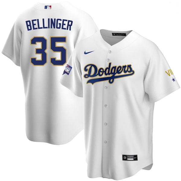 Men Los Angeles Dodgers Cody Bellinger 35 Championship Gold Trim White Limited All Stitched Cool Bas