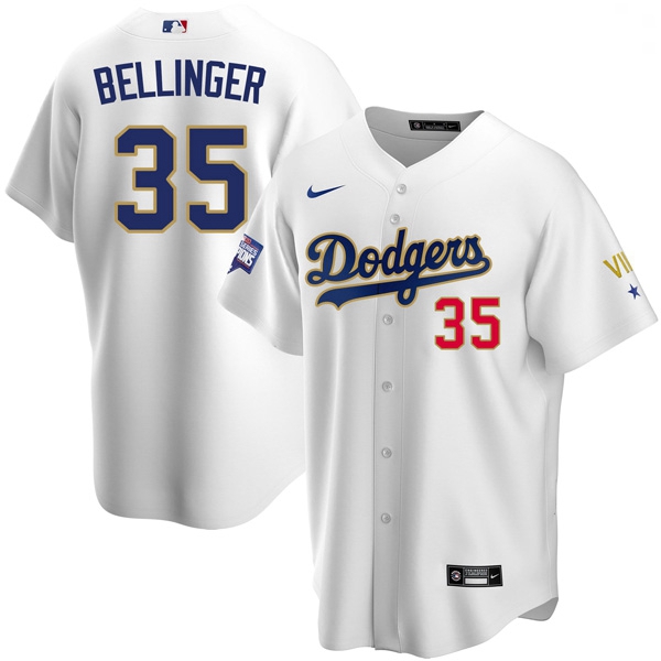 Men Los Angeles Dodgers Cody Bellinger 35 Championship Gold Trim White Limited All Stitched Flex Bas