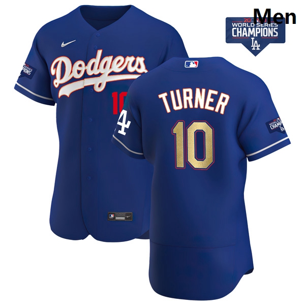 Men Los Angeles Dodgers Justin Turner 10 Gold Program Designed Edition Blue Flex Base Stitched Jerse