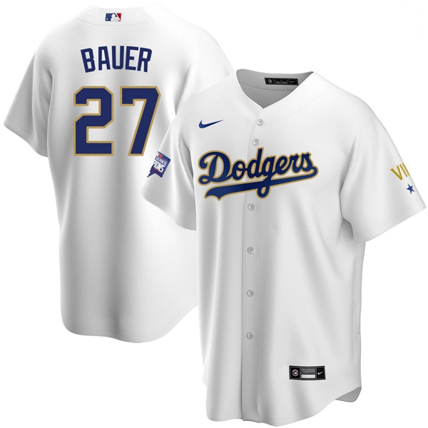 Men Los Angeles Dodgers Trevor Bauer 27 Championship Gold Trim White Limited All Stitched Cool Base 