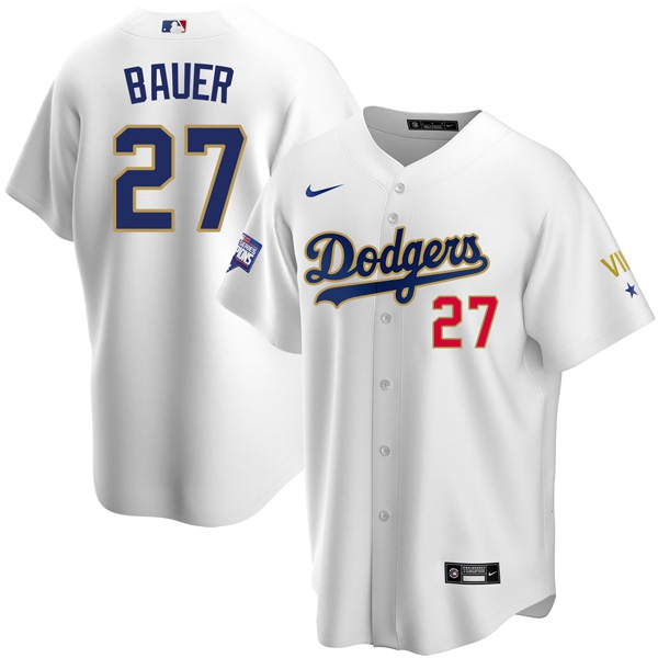 Men Los Angeles Dodgers Trevor Bauer 27 Championship Gold Trim White Limited All Stitched Flex Base 