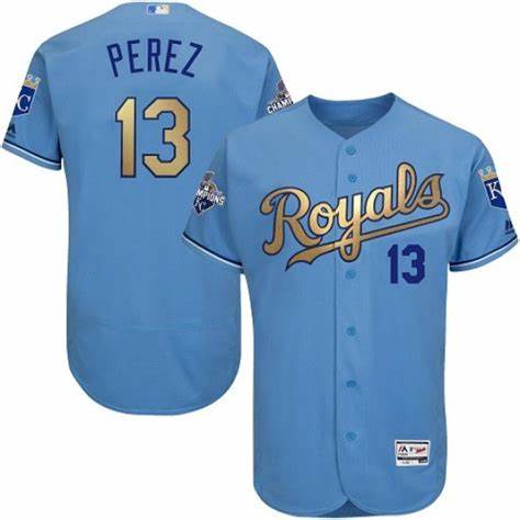 Men Majestic Kansas City Royals 13 Salvador Perez Authentic Light Blue 2015 World Series Champions G