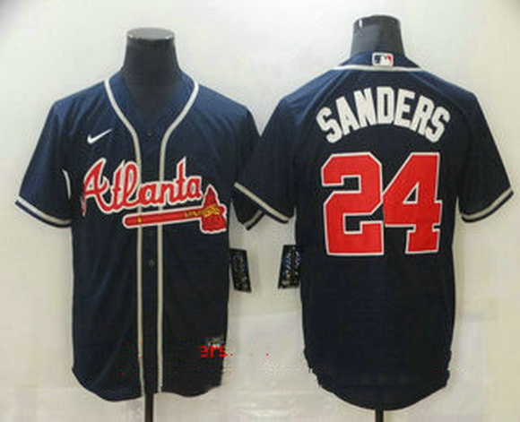 Men Atlanta Braves 24 Deion Sanders Navy Blue Stitched MLB Cool Base Nike Jersey