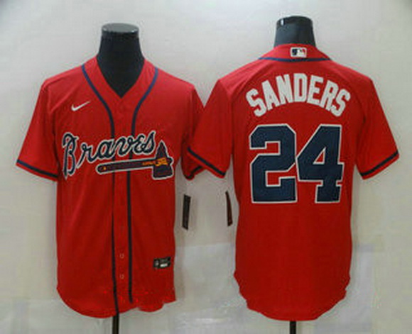 Men Atlanta Braves 24 Deion Sanders Red Stitched MLB Cool Base Nike Jersey