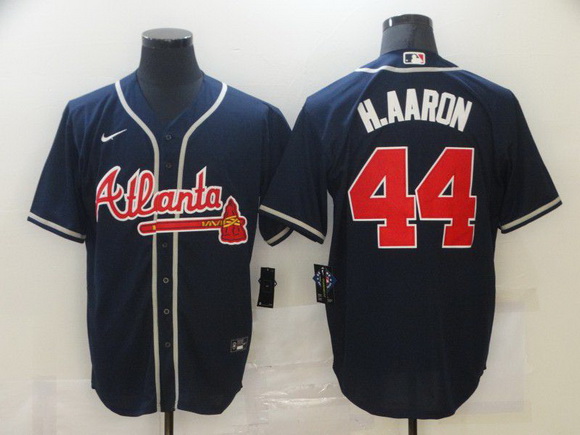 Men Atlanta Braves 44 Hank Aaron Navy Blue Stitched MLB Cool Base Nike Jersey