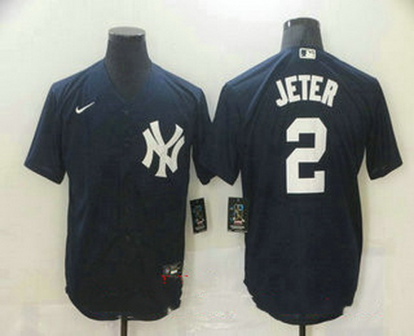 Men New York Yankees 2 Derek Jeter Navy Blue Stitched MLB Nike Cool Base Jersey